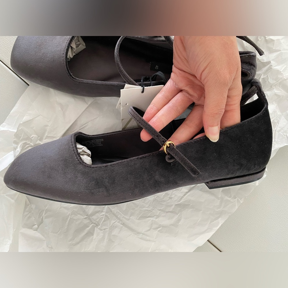 Zara Gray Velvet Ballet Flats shoes Buckle Strap Mary Jane Square size 9 40 NWT - Picture 9 of 12